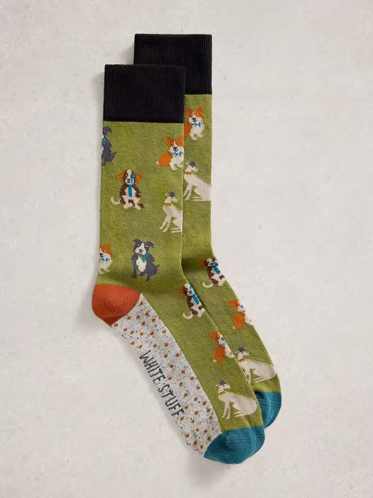 White Stuff Men's Dapper Dogs Ankle Sock in Green Multi