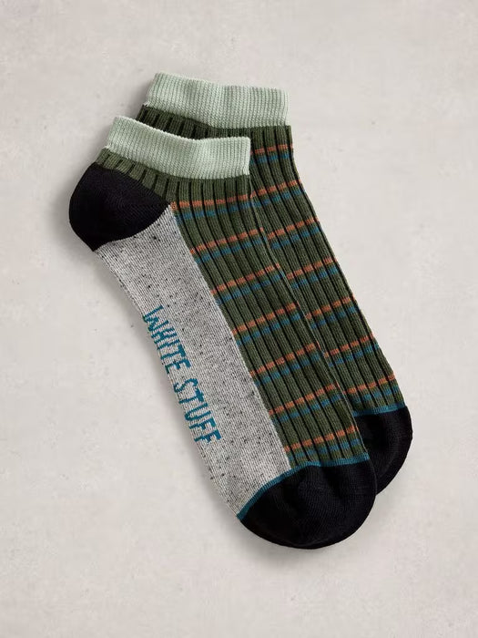 White Stuff Men's Stripe Trainer Sock in Dark Green