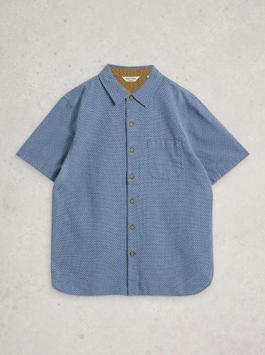 White Stuff Men's Tile Stitch SS Shirt In Mid Blue