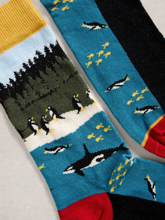 White Stuff Men's Whale Penguins Ankle Sock In Blue Multi
