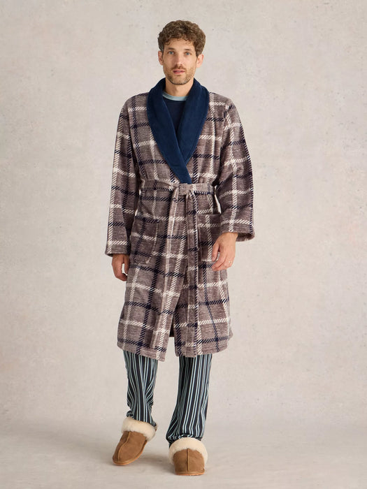 White Stuff Men's Checked Fleece Robe In Grey Multi