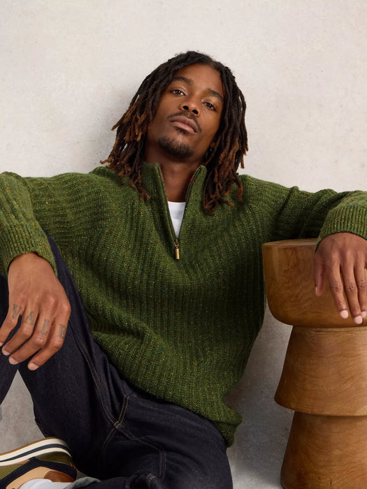 White Stuff Men's  Chunky Funnel Neck Jumper in Green Multi