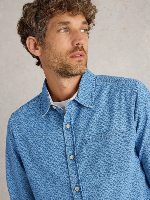 White Stuff Men's Leaf Printed Long Sleeve Shirt In Chambray Blue