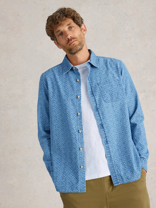 White Stuff Men's Leaf Printed Long Sleeve Shirt In Chambray Blue