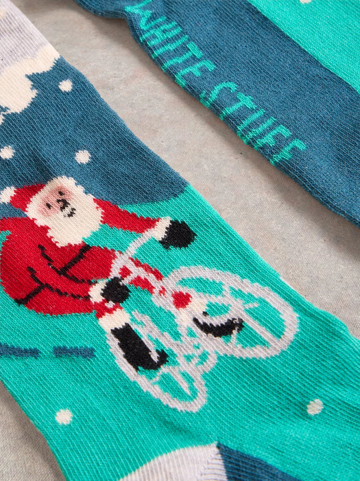 White Stuff Men's Cycling Santa Sock In A Cracker In Teal Multi