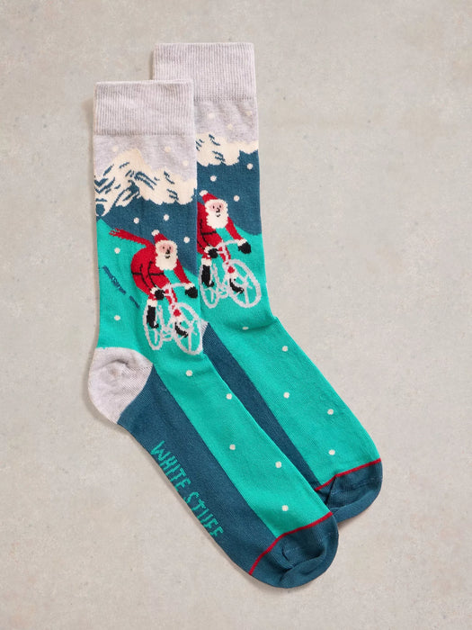 White Stuff Men's Cycling Santa Sock In A Cracker In Teal Multi