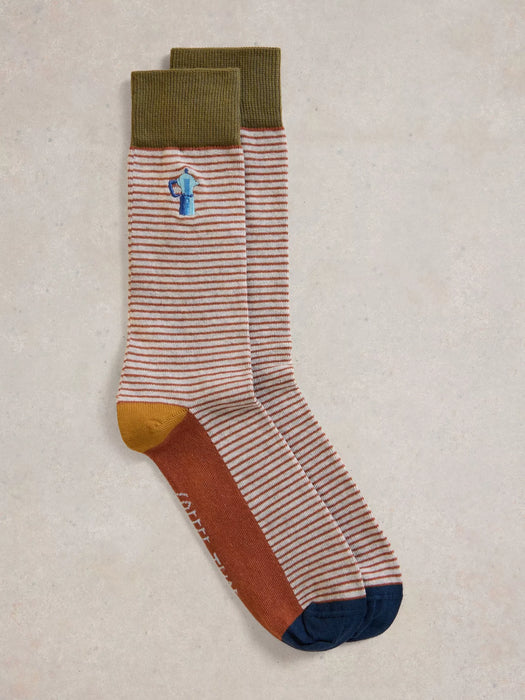 White Stuff Men's Coffee Embroidered Ankle Sock In Brown Multi