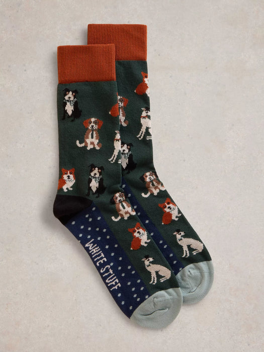 White Stuff Men's Dapper Dogs Ankle Sock In Green Multi