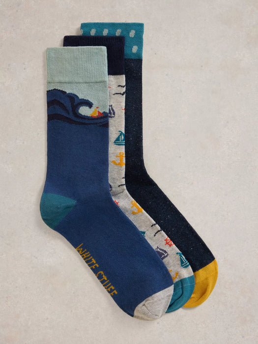 White Stuff Men's 3 Pack Sail Away Socks In Blue Multi