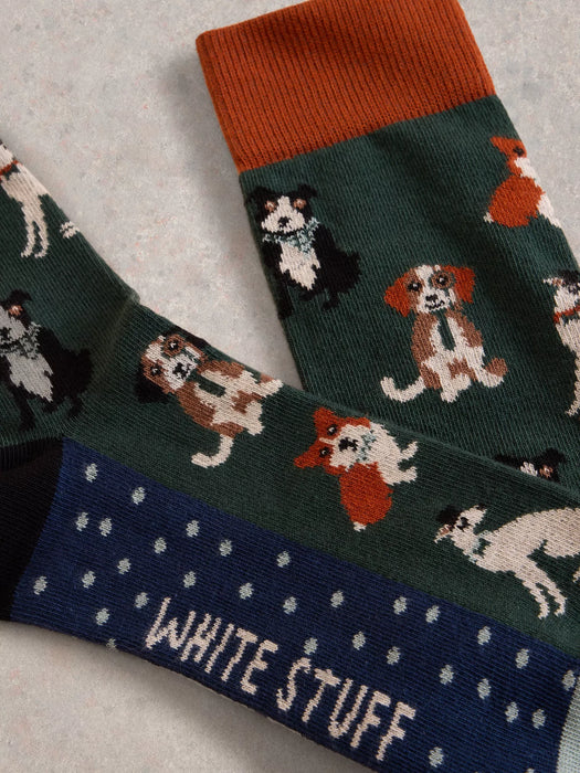 White Stuff Men's Dapper Dogs Ankle Sock In Green Multi