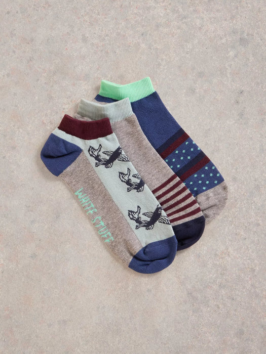 White Stuff Men's Fish Trainer Socks 3 Pack In Grey Multi