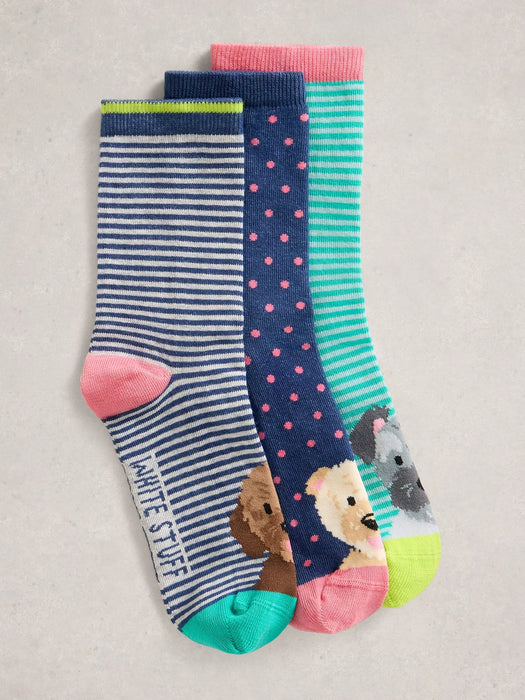 White Stuff Women's 3 Pack Dog Pals Ankle Socks In Blue Multi