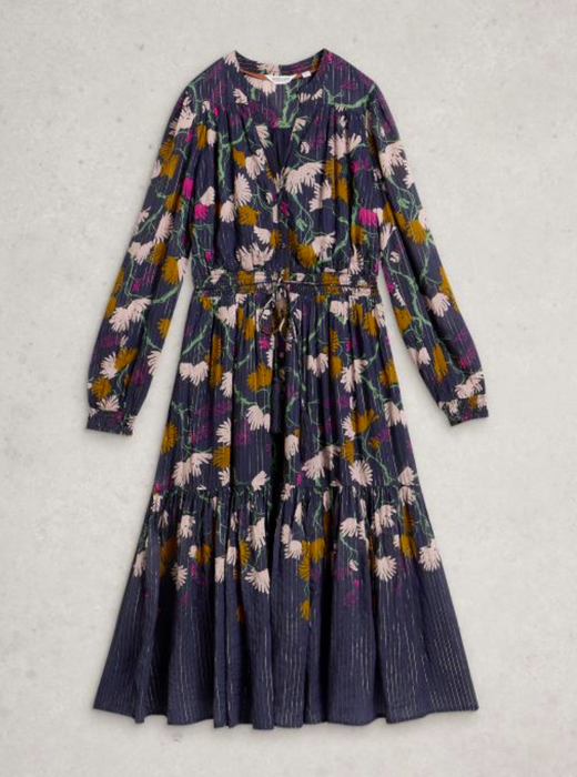 White Stuff Women's Yuki Metallic Midi Dress In Navy Multi