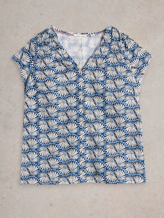 White Stuff Women's Rae Organic Cotton V Neck Top In Blue Print