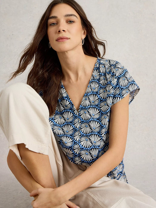 White Stuff Women's Rae Organic Cotton V Neck Top In Blue Print