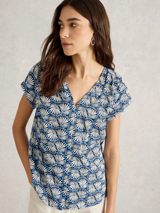 White Stuff Women's Rae Organic Cotton V Neck Top In Blue Print