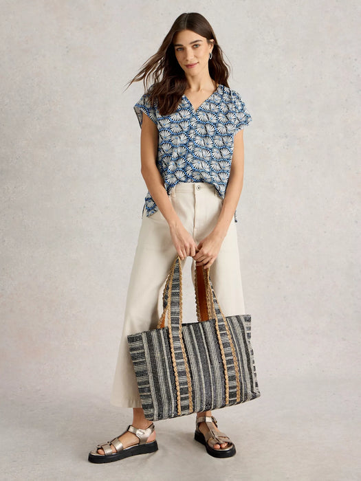 White Stuff Women's Rae Organic Cotton V Neck Top In Blue Print