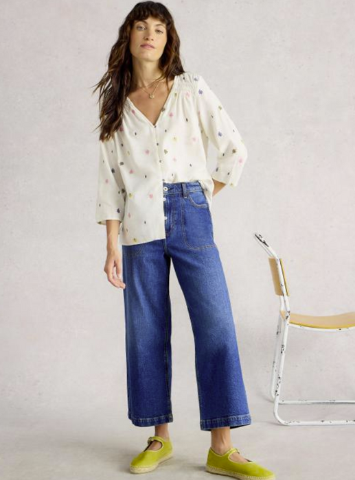 White Stuff Women's Rae Organic V Neck Cotton Top In Ivory Multi