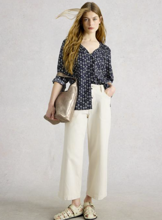 White Stuff Women's Rae Organic Cotton V Neck Top In Navy Print