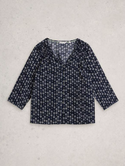 White Stuff Women's Rae Organic Cotton V Neck Top In Navy Print