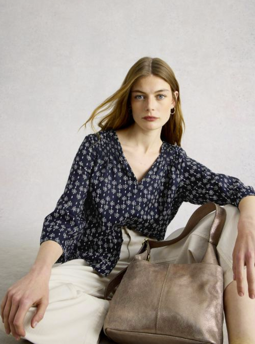 White Stuff Women's Rae Organic Cotton V Neck Top In Navy Print