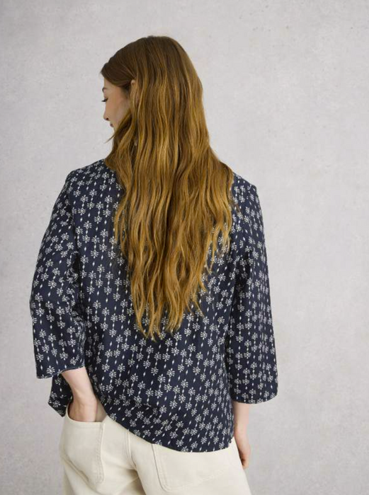 White Stuff Women's Rae Organic Cotton V Neck Top In Navy Print