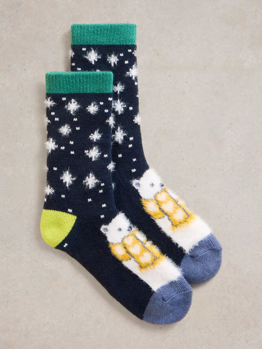 White Stuff Women's Cosy Polar Bear Cabin Sock In Navy Multi