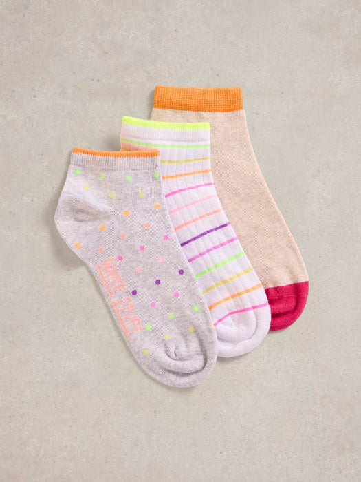 White Stuff Women's Fluro Trainer Socks 3 Pack In Natural Multi