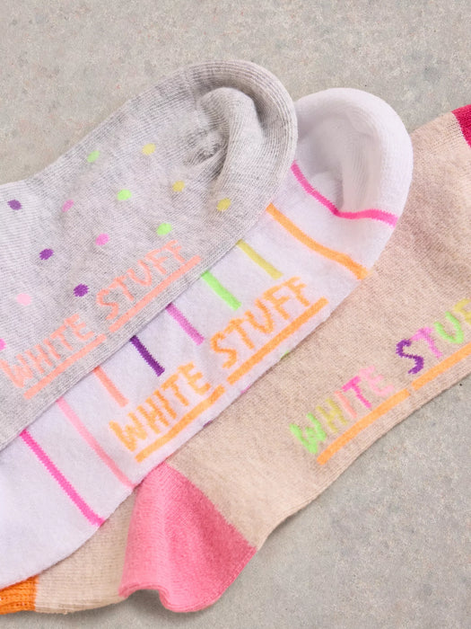 White Stuff Women's Fluro Trainer Socks 3 Pack In Natural Multi