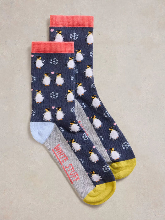 White Stuff Women's Fluffy Penguin Ankle Sock In Navy Multi