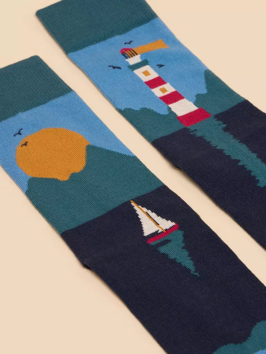 White Stuff Men's Blue Multi Lighthouse Scenic Ankle Sock