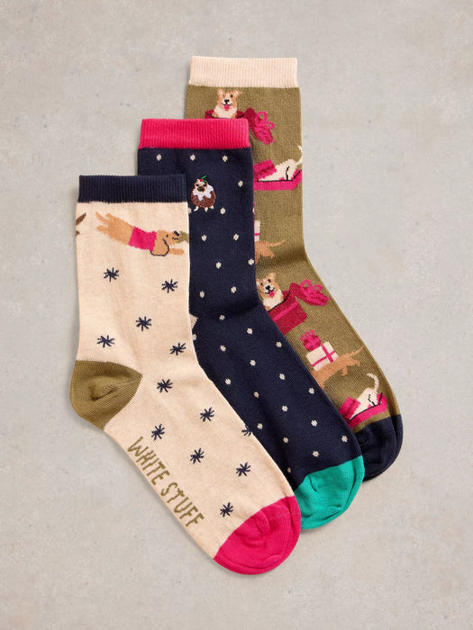 White Stuff Women's 3PK Christmas Dog Sock In Navy Multi