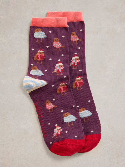 White Stuff Women's Cosy Robin Sock In A Cracker In Plum Multi