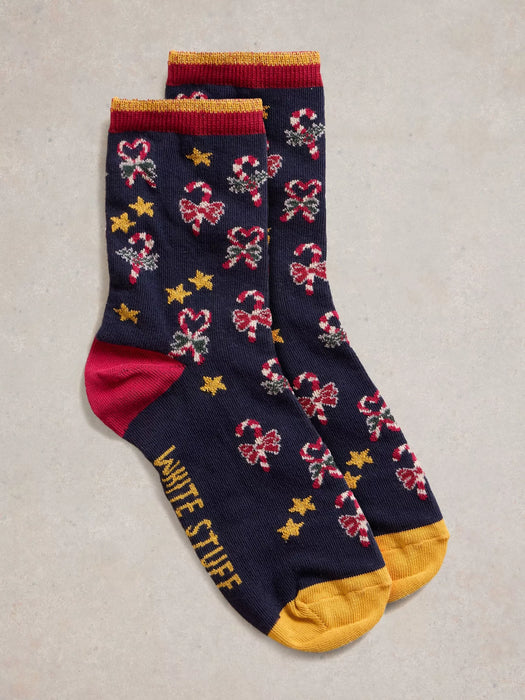 White Stuff Women's Candy Cane Sock In A Cracker In Navy Multi