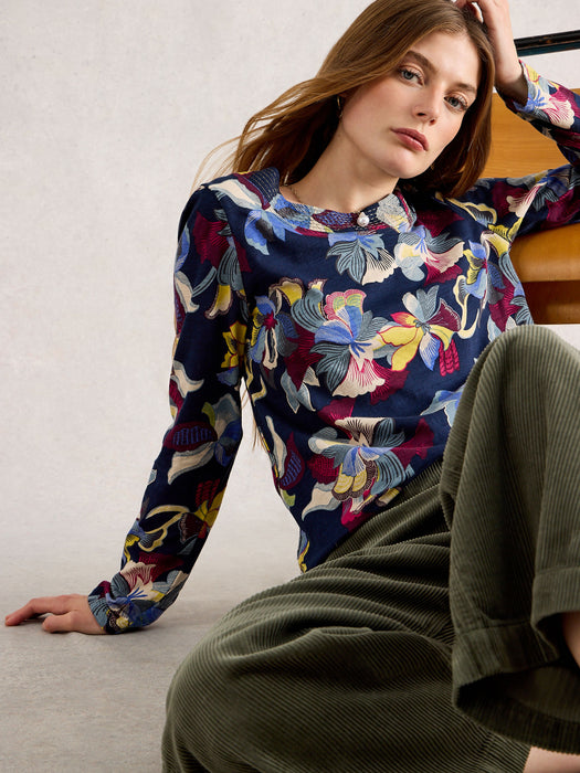 White Stuff Women's Weaver Long Sleeve Tee In  Navy Print