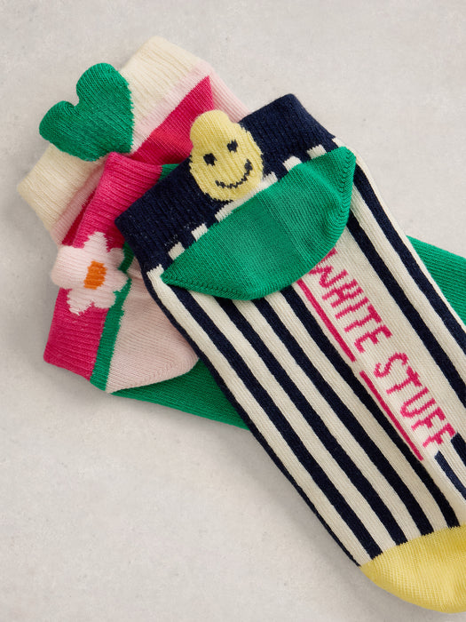 White Stuff Women's 3PK Pop Print Trainer Socks In Pink Multi