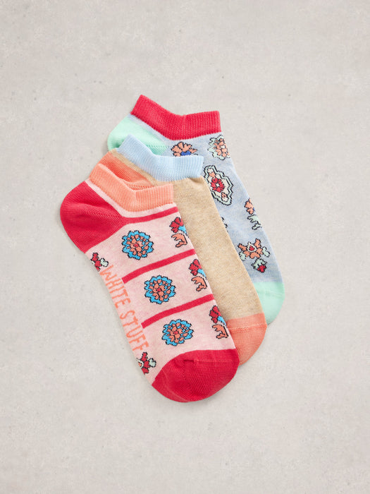 White Stuff Women's 3PK Tile Print Trainer Socks In Blue Multi