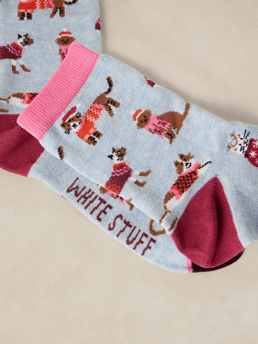 White Stuff Women's Christmas Cat Sock In A Cracker In Grey Multi