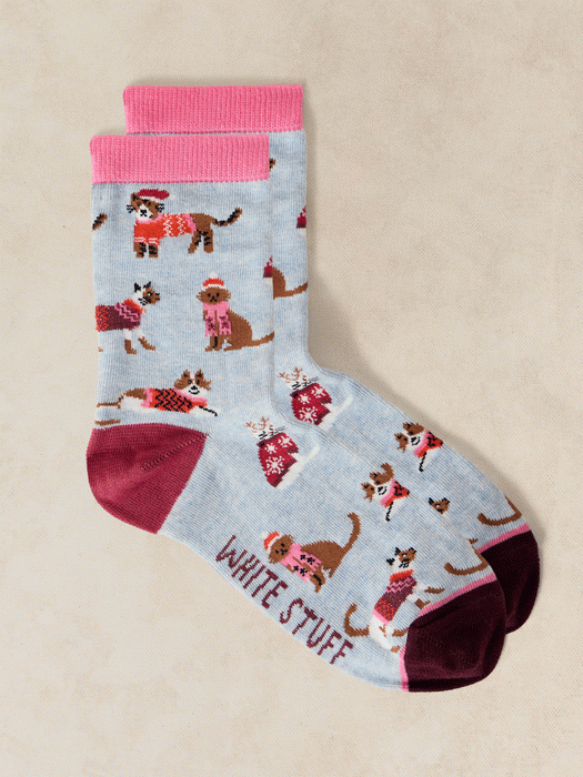 White Stuff Women's Christmas Cat Sock In A Cracker In Grey Multi