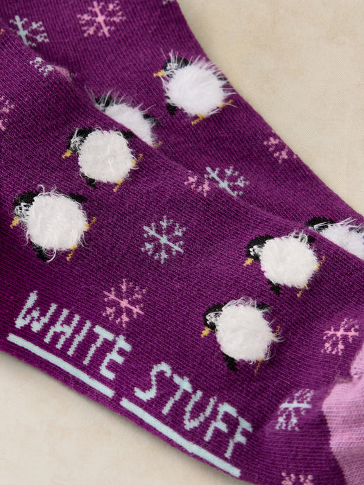 White Stuff Women's Fluffy Penguin Sock In Purple Multi