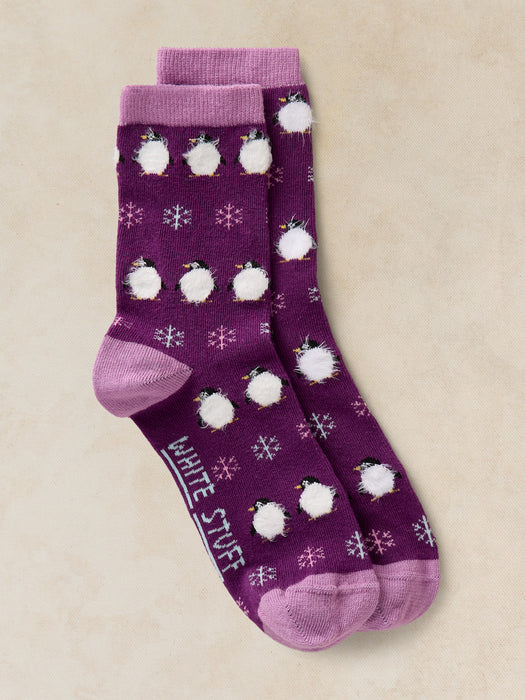 White Stuff Women's Fluffy Penguin Sock In Purple Multi