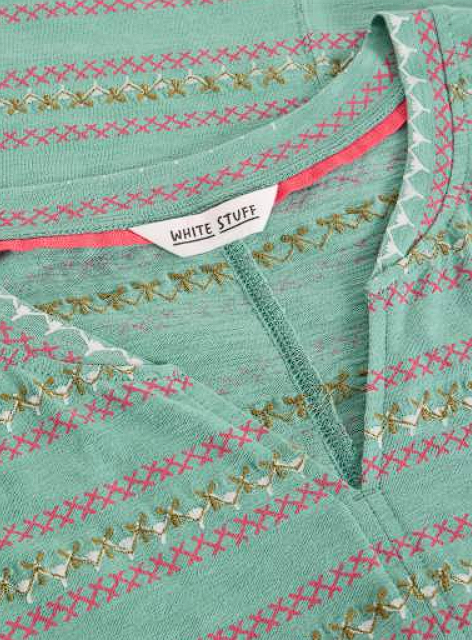 White Stuff Women's Nelly Embroidered Notch Neck Tee In Teal Multi
