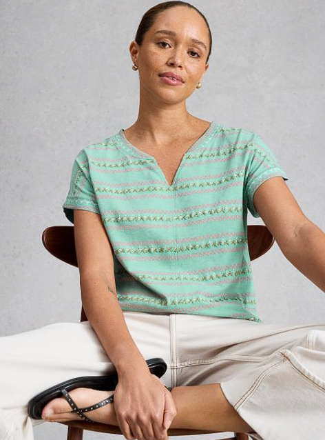 White Stuff Women's Nelly Embroidered Notch Neck Tee In Teal Multi