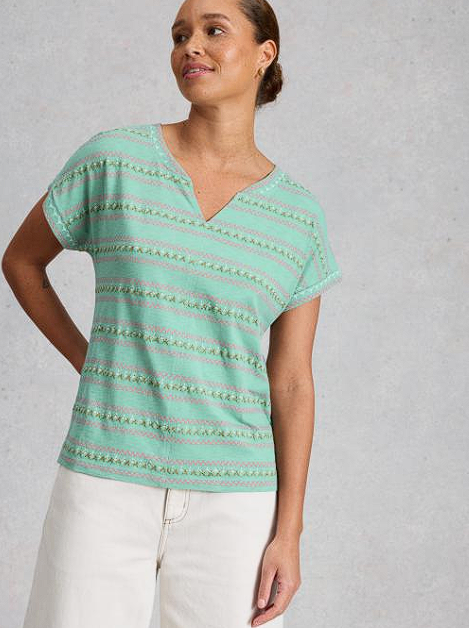 White Stuff Women's Nelly Embroidered Notch Neck Tee In Teal Multi