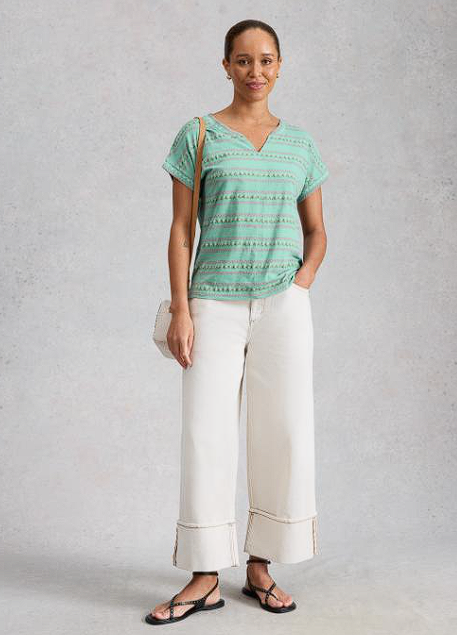 White Stuff Women's Nelly Embroidered Notch Neck Tee In Teal Multi