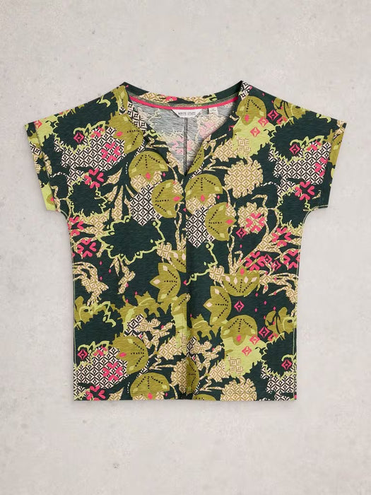 White Stuff Women's Nelly Notch SS Neck Tee In Green Print