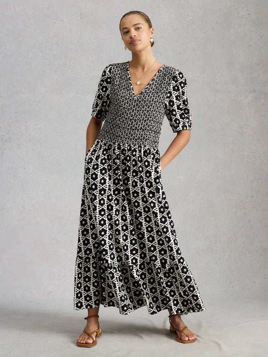 White Stuff Women's Nola Shirred Jersey Dress In Black Print