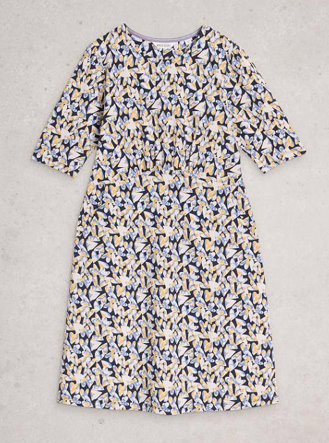 White Stuff Women's Olivia Jersey Crew Neck Dress In Blue Print