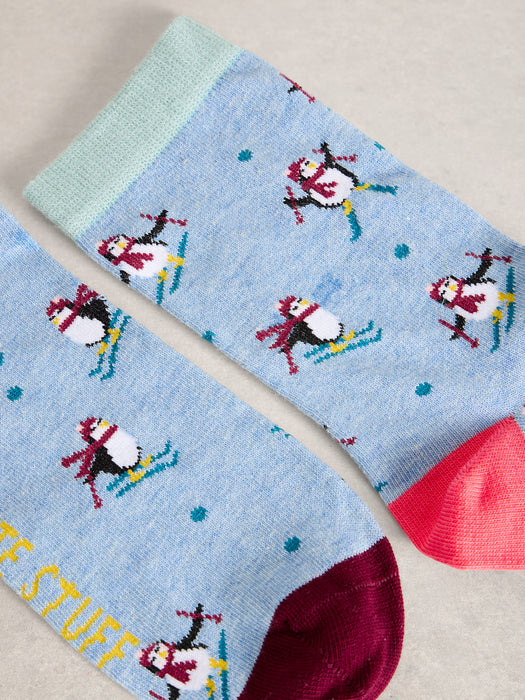 White Stuff Women's Ski Penguin Sock In A Cracker In Blue Multi