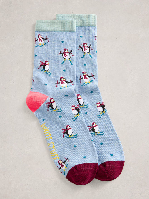White Stuff Women's Ski Penguin Sock In A Cracker In Blue Multi